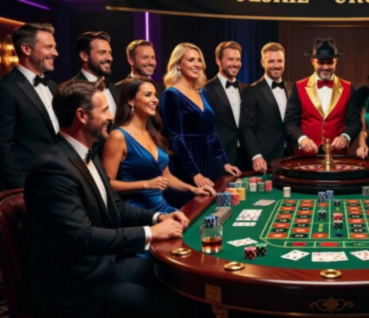 Goście podczas tematycznego wieczoru kasynowego przy stołach pokerowych i ruletce z profesjonalną obsługą.