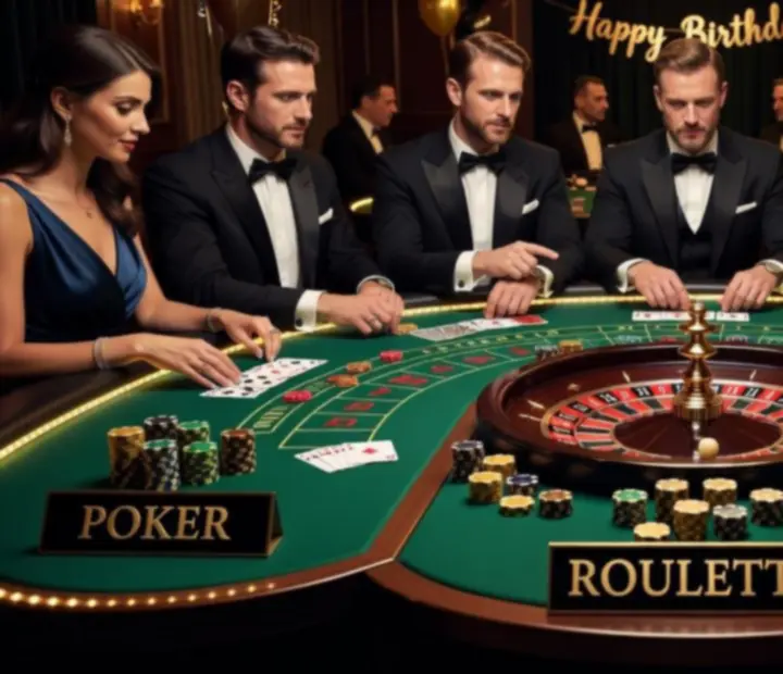 Eleganckie stoły do pokera, ruletki i blackjacka w urodzinowej aranżacji