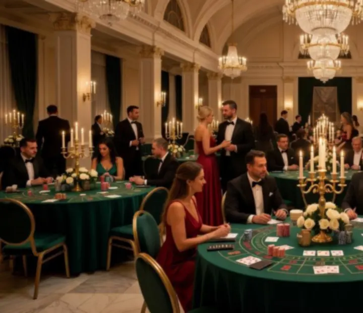 Elegancka sala eventowa z profesjonalnie ustawionymi stołami kasynowymi i nastrojowym oświetleniem.