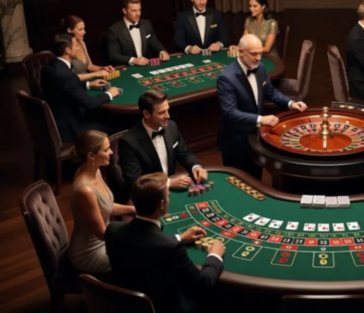 Schemat przykładowego ustawienia stołów do pokera, ruletki i blackjacka na eleganckim evencie.